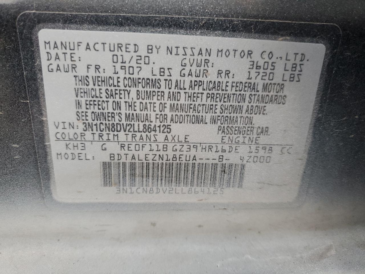 VIN 3N1CN8DV2LL864125 2020 NISSAN VERSA no.12