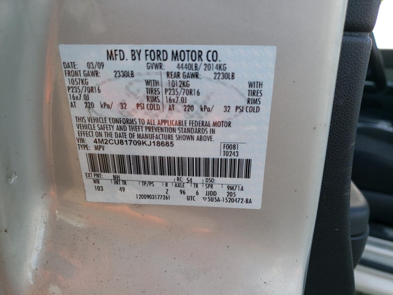 2009 Mercury Mariner VIN: 4M2CU81709KJ18685 Lot: 84947614