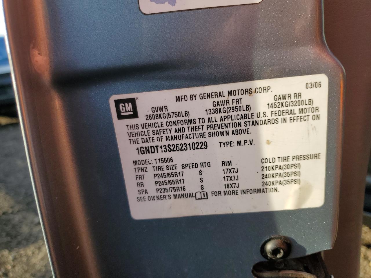 2006 Chevrolet Trailblazer Ls VIN: 1GNDT13S262310229 Lot: 84333344