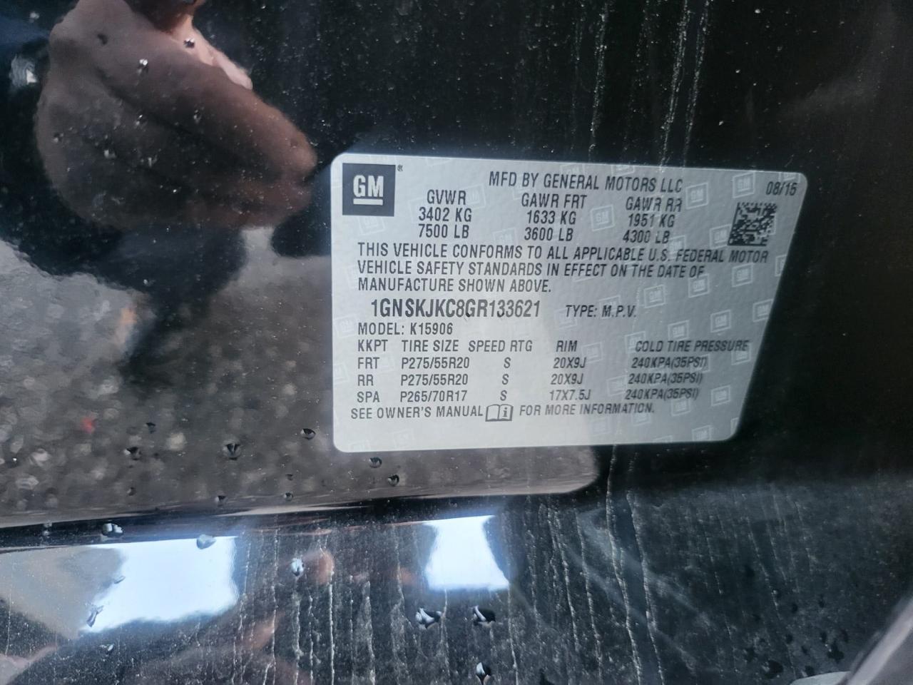 2016 Chevrolet Suburban K1500 Ltz VIN: 1GNSKJKC8GR133621 Lot: 87318184