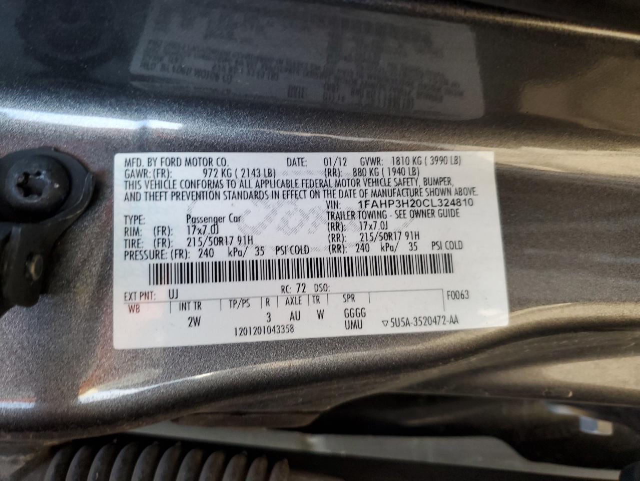 2012 Ford Focus Sel VIN: 1FAHP3H20CL324810 Lot: 86895264