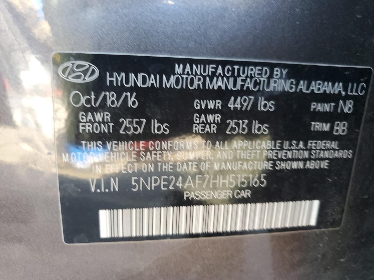 VIN 5NPE24AF7HH515165 2017 HYUNDAI SONATA no.12