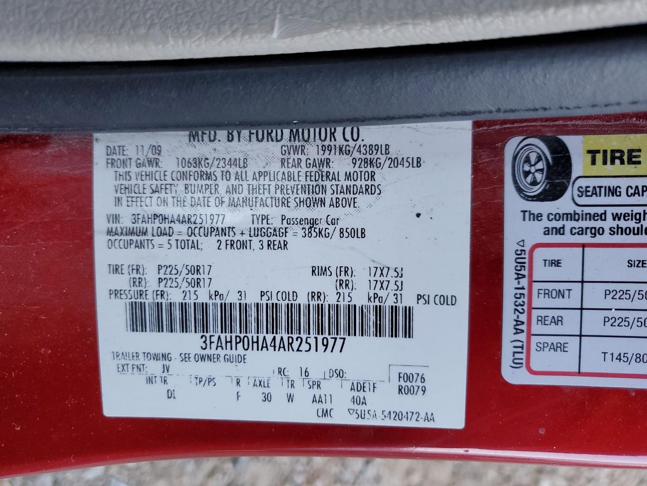 2010 Ford Fusion Se VIN: 3FAHP0HA4AR251977 Lot: 83175994