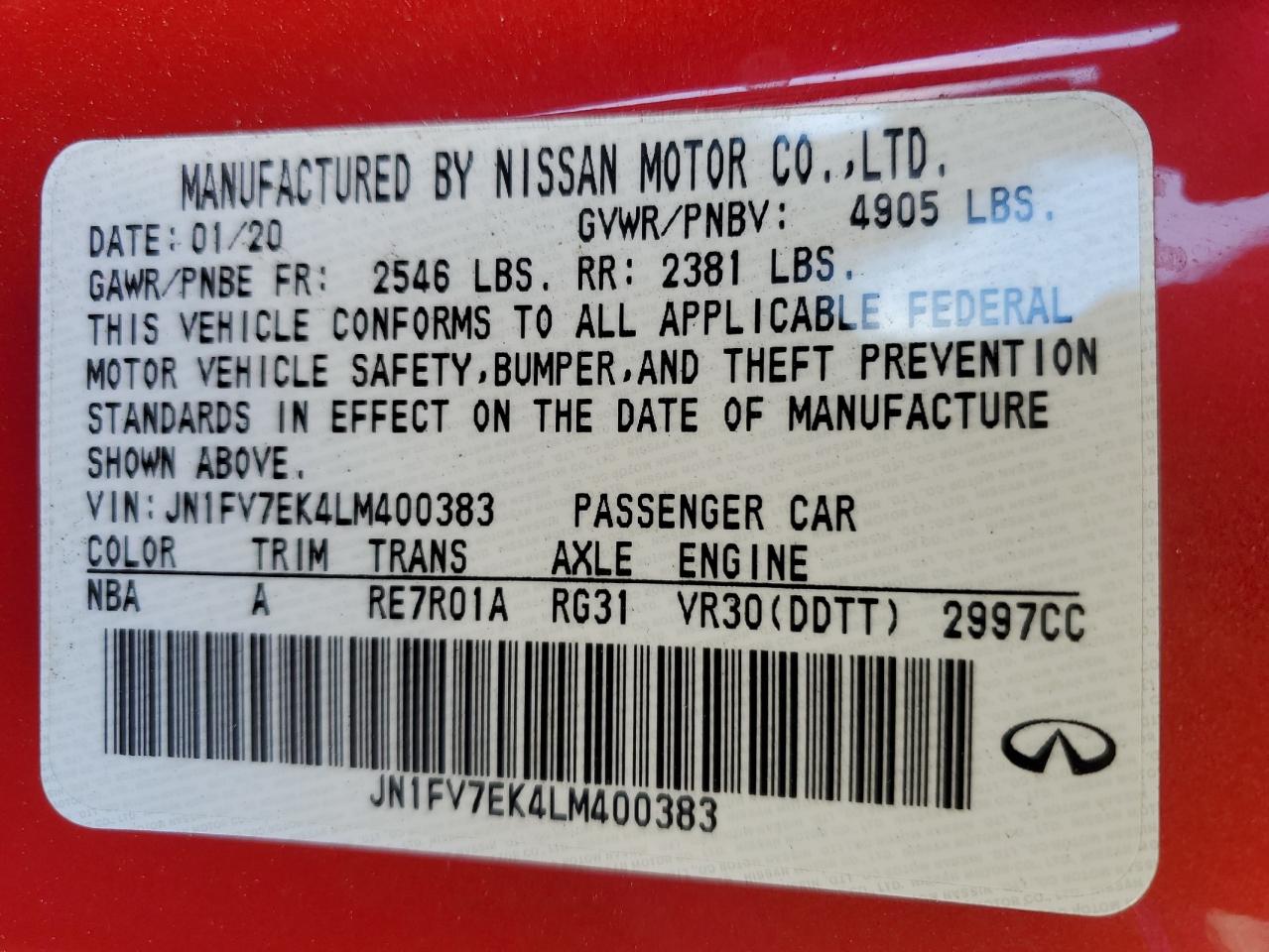 2020 Infiniti Q60 Red Sport 400 VIN: JN1FV7EK4LM400383 Lot: 87031234