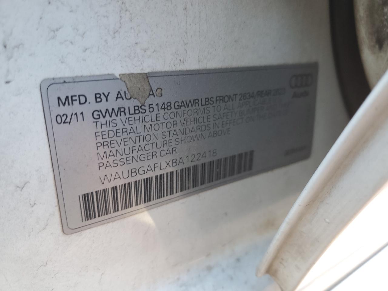 2011 Audi S4 Premium Plus VIN: WAUBGAFLXBA122418 Lot: 85320194