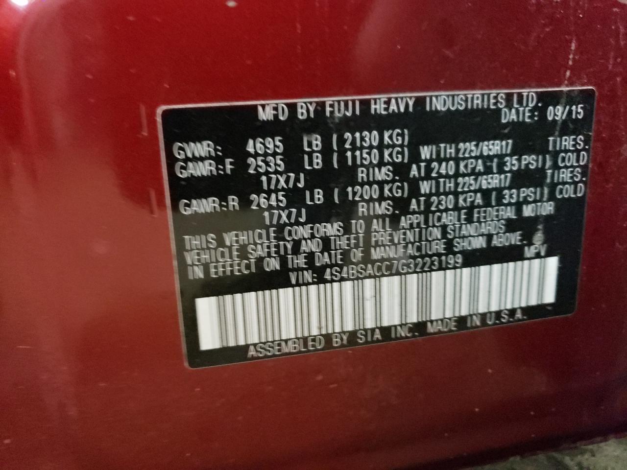 2016 Subaru Outback 2.5I Premium VIN: 4S4BSACC7G3223199 Lot: 86312844