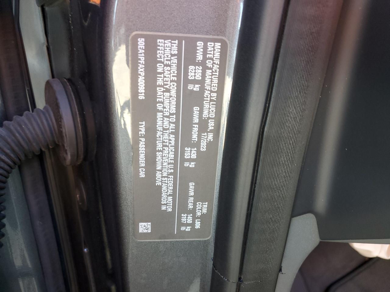 2023 Lucid Motors Air Pure VIN: 50EA1PFAXPA009816 Lot: 87090124