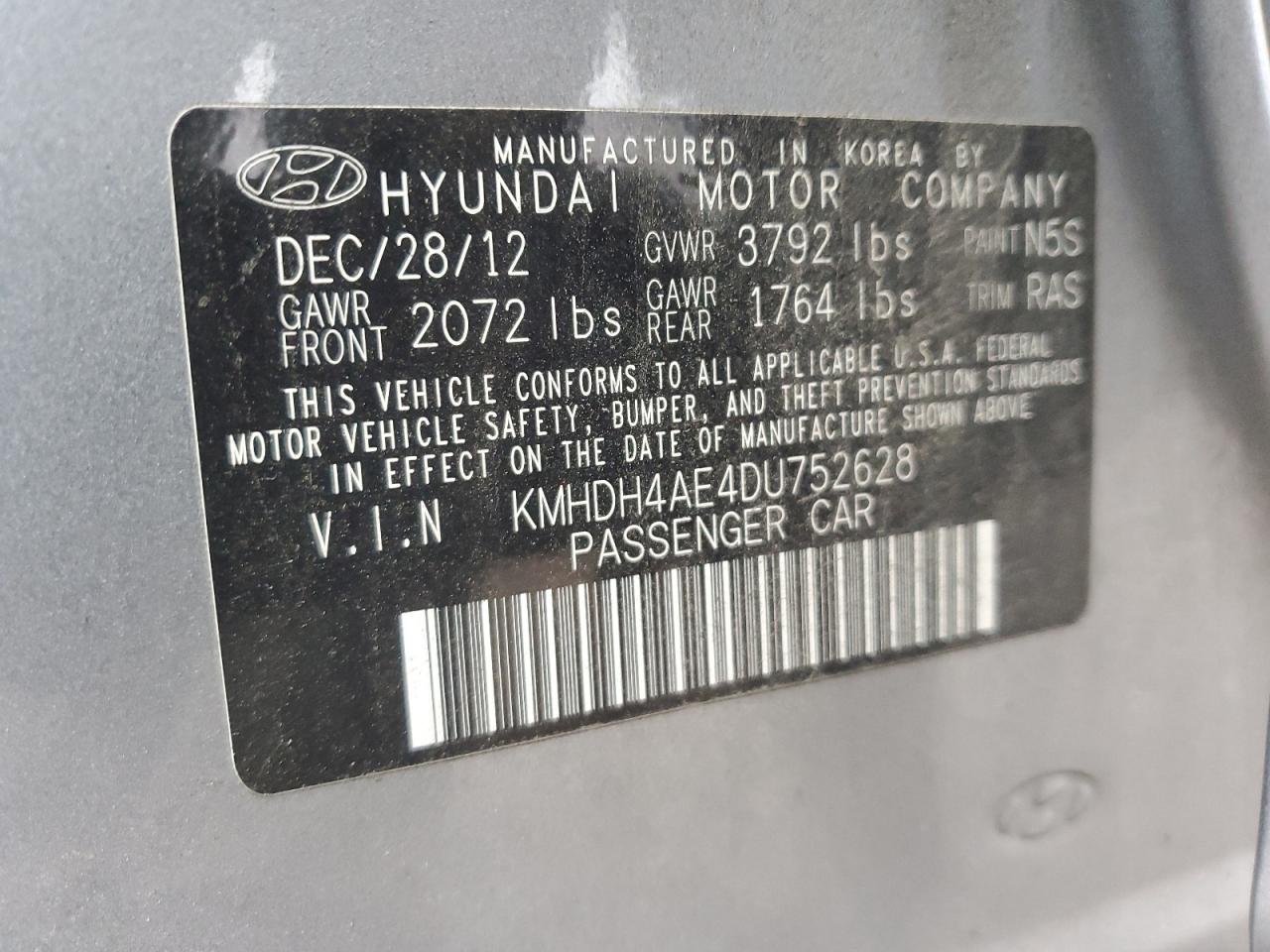 2013 Hyundai Elantra Gls VIN: KMHDH4AE4DU752628 Lot: 84708014