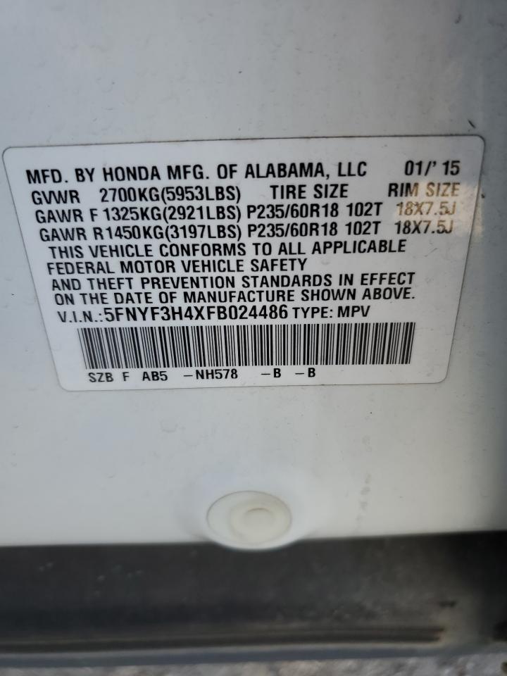 VIN 5FNYF3H4XFB024486 2015 HONDA PILOT no.13