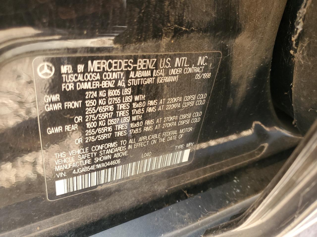 1998 Mercedes-Benz Ml 320 VIN: 4JGAB54E1WA044606 Lot: 86561044