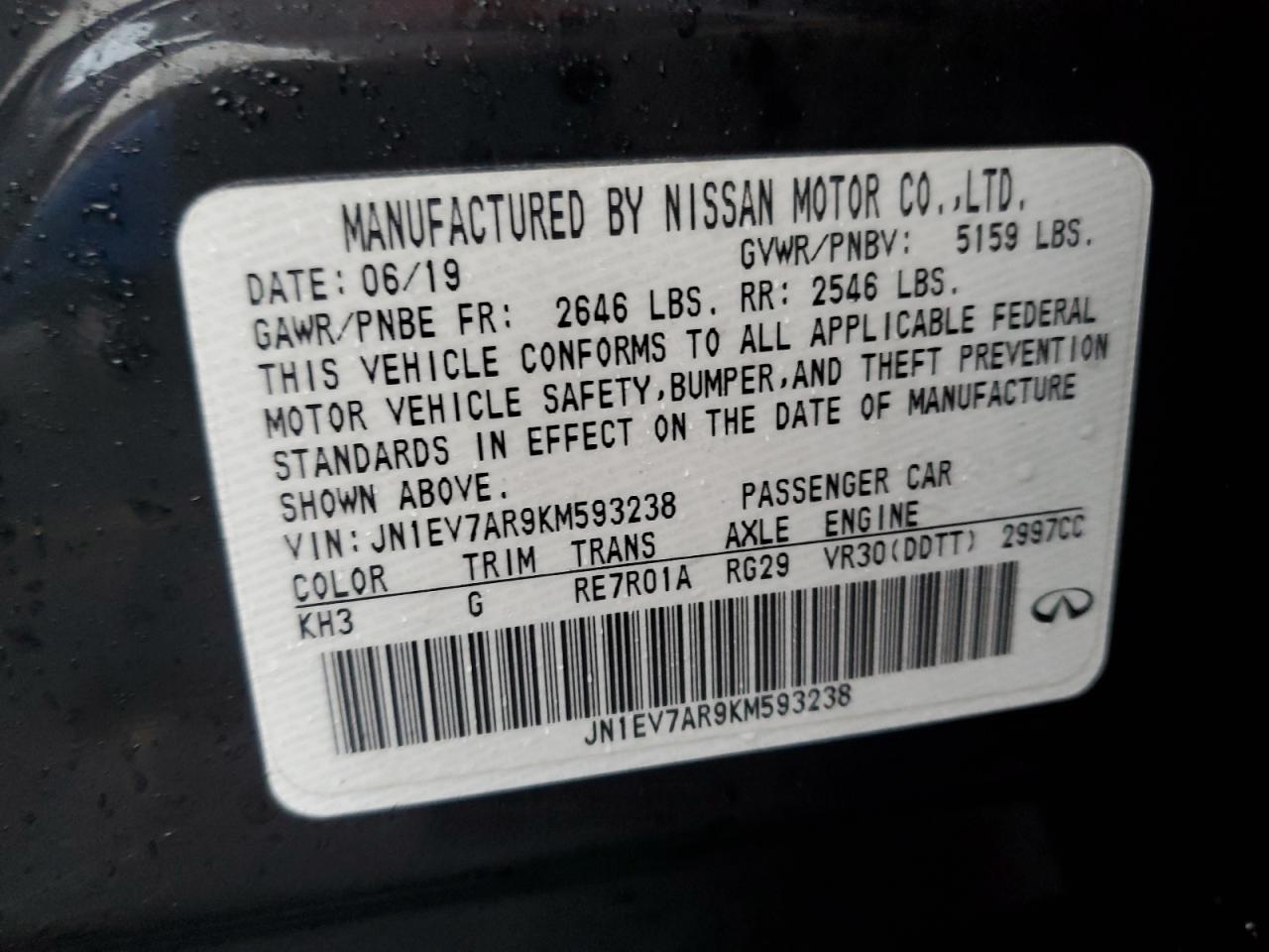 2019 Infiniti Q50 Luxe VIN: JN1EV7AR9KM593238 Lot: 83293404