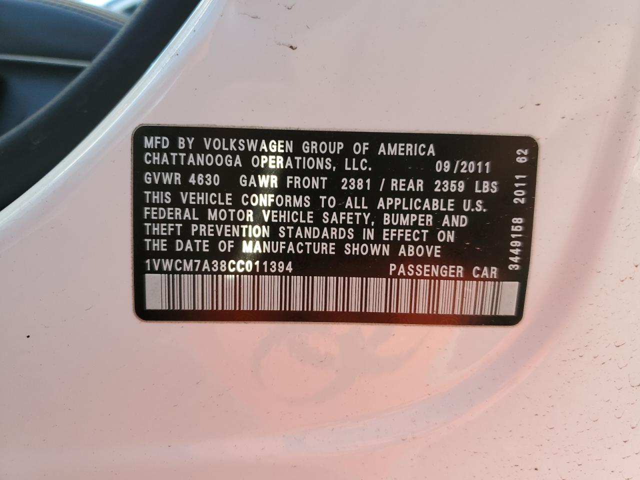 2012 Volkswagen Passat Sel VIN: 1VWCM7A38CC011394 Lot: 83309054