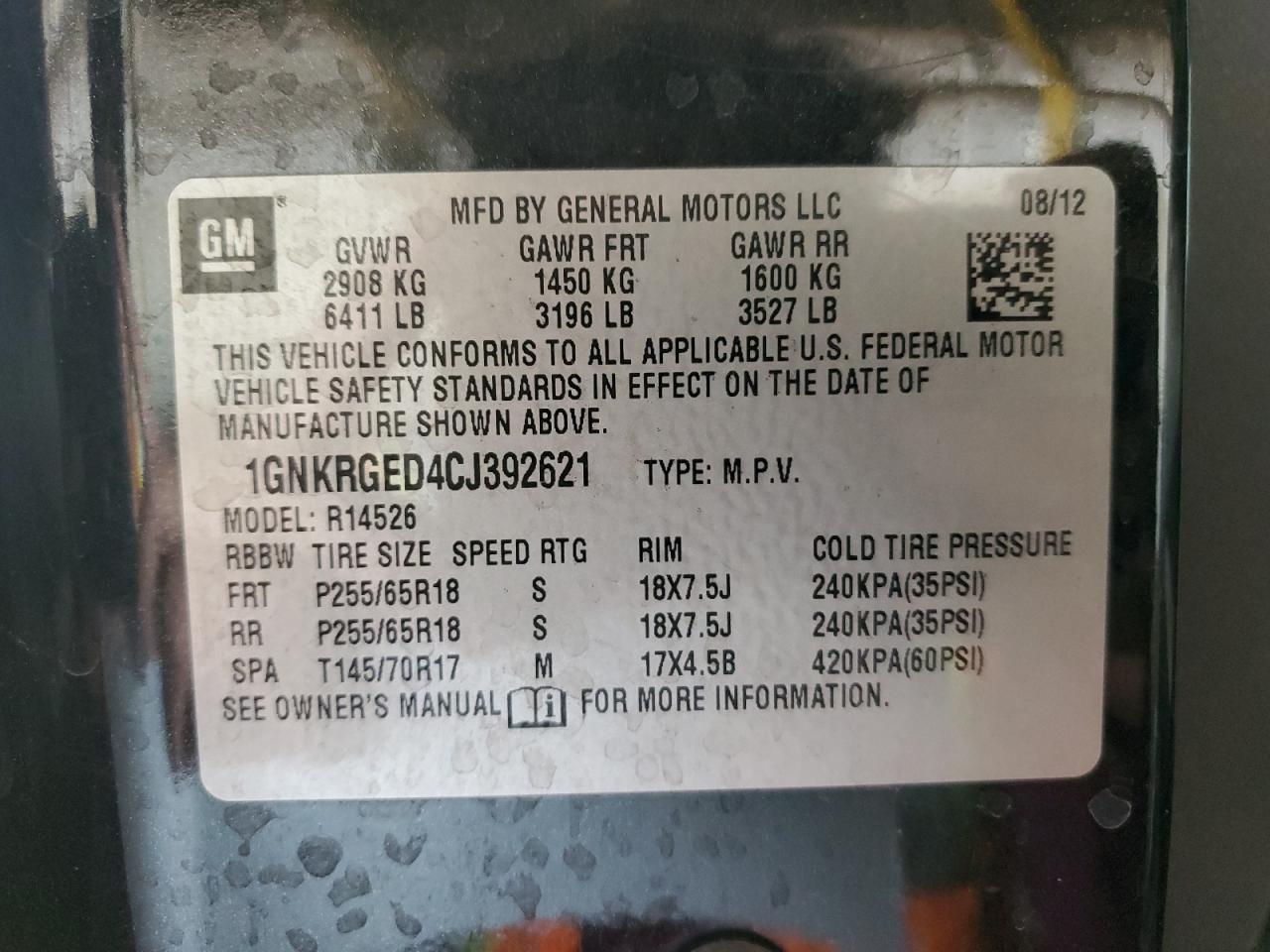 2012 Chevrolet Traverse Lt VIN: 1GNKRGED4CJ392621 Lot: 85563294