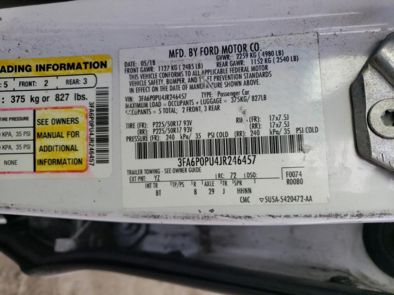 VIN 3FA6P0PU4JR246457 2018 FORD FUSION no.12