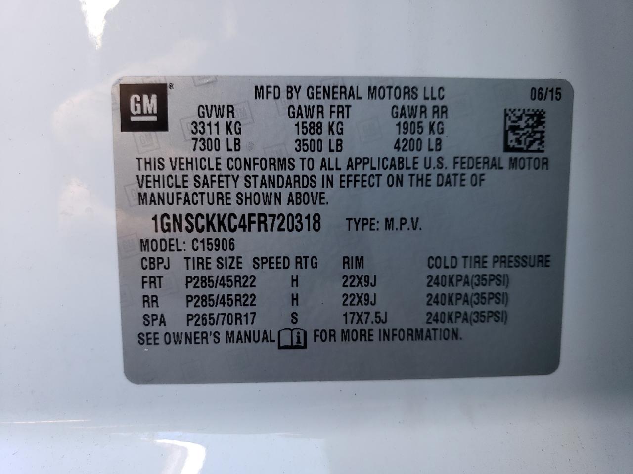 VIN 1GNSCKKC4FR720318 2015 CHEVROLET SUBURBAN no.13