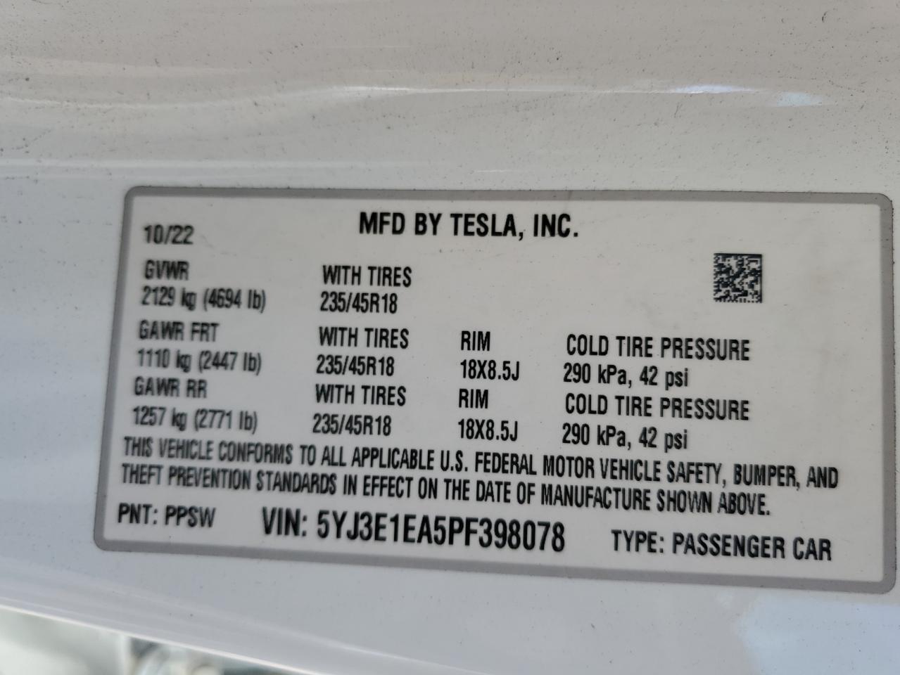 2023 Tesla Model 3 VIN: 5YJ3E1EA5PF398078 Lot: 83017614