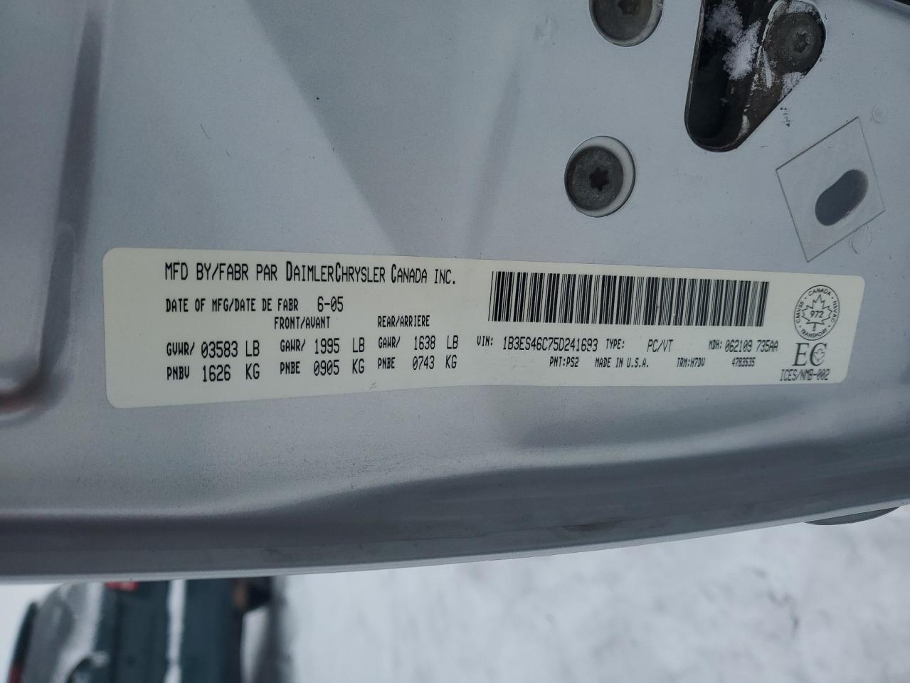 2005 Dodge Neon Sx 2.0 VIN: 1B3ES46C75D241693 Lot: 87320204
