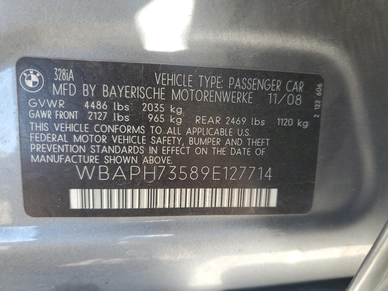 2009 BMW 328 I VIN: WBAPH73589E127714 Lot: 83595084