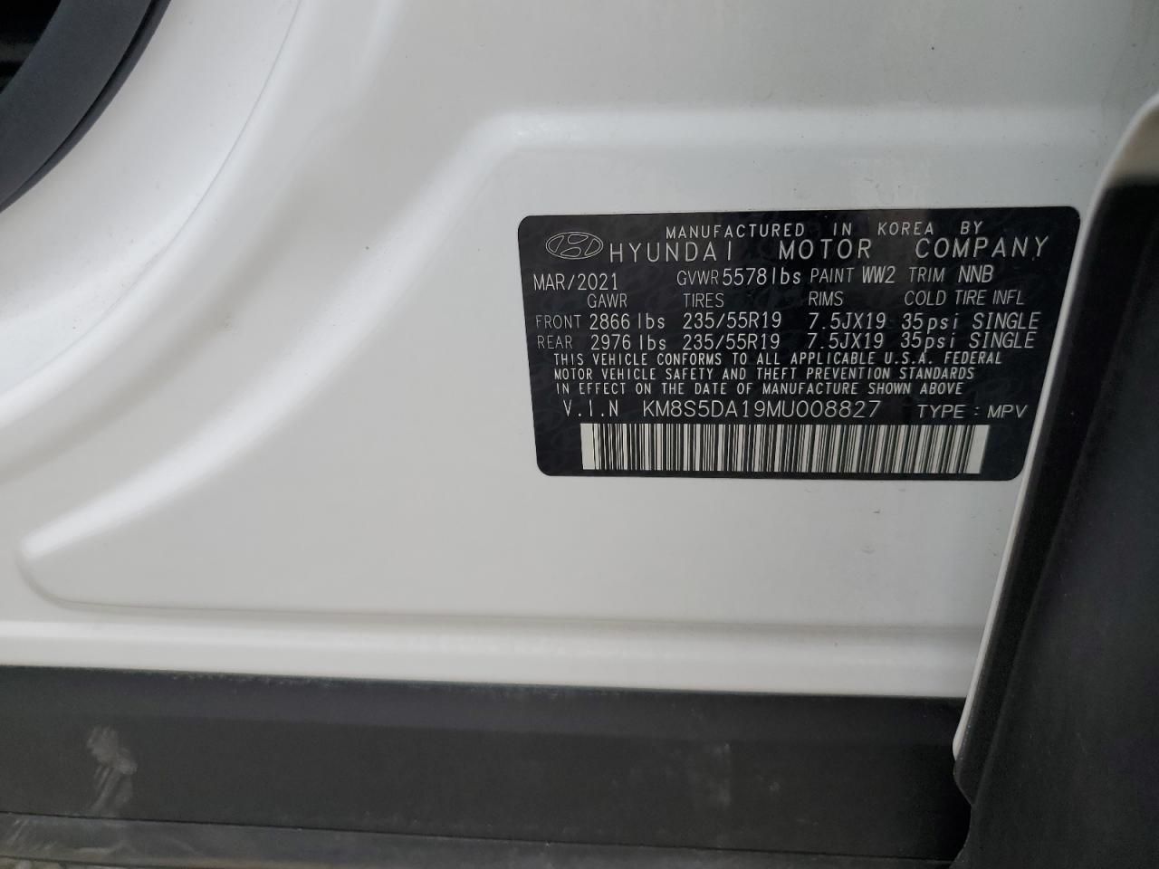 2021 Hyundai Santa Fe Limited VIN: KM8S5DA19MU008827 Lot: 86590034