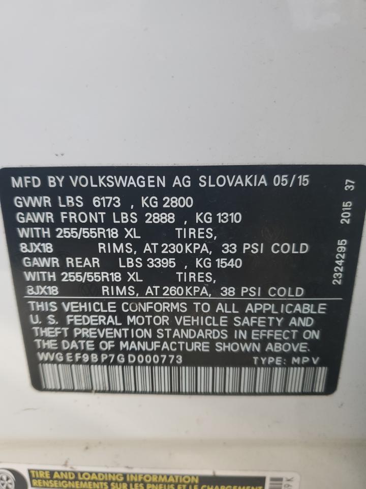 VIN WVGEF9BP7GD000773 2016 VOLKSWAGEN TOUAREG no.13