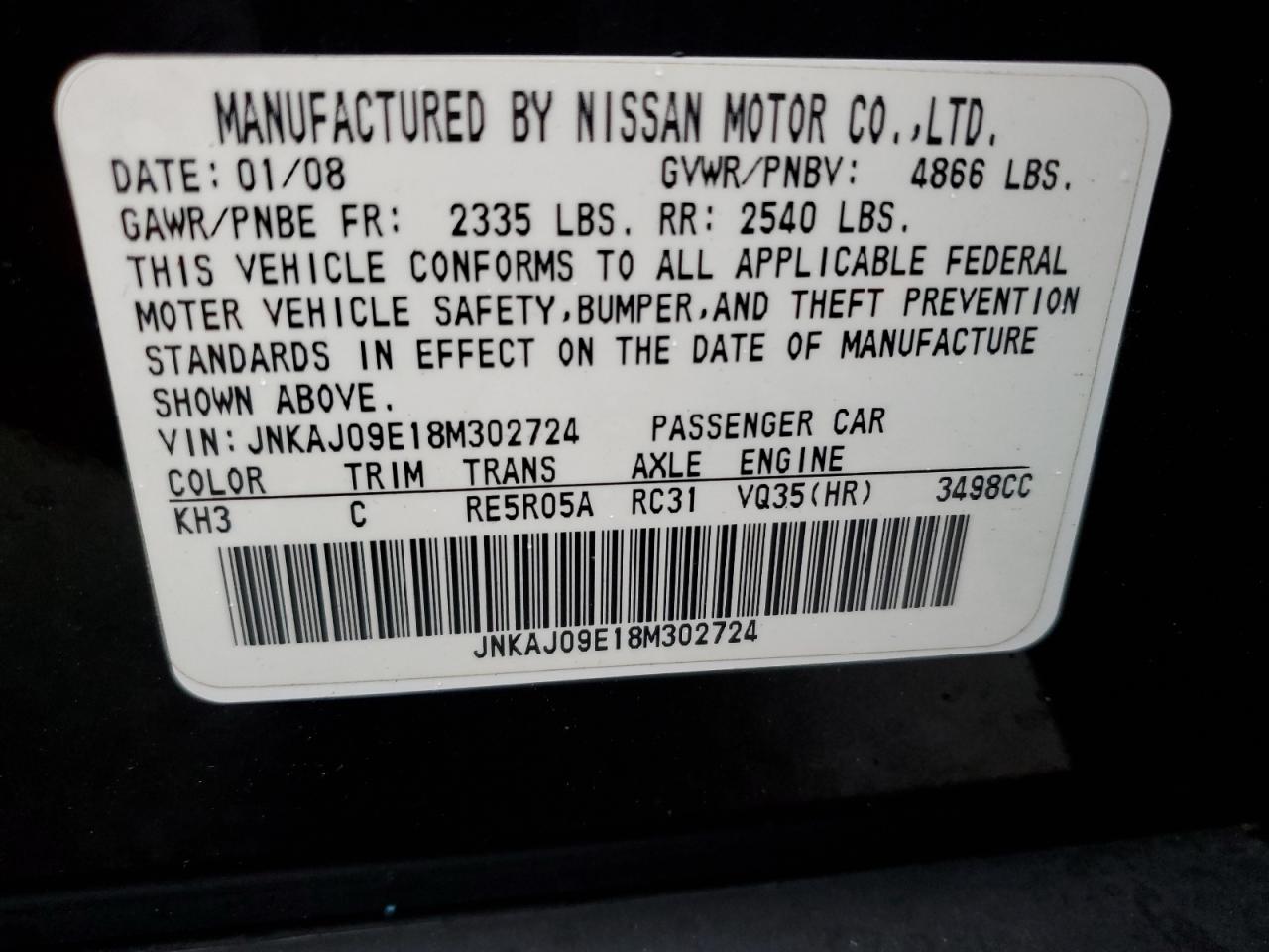 2008 Infiniti Ex35 Base VIN: JNKAJ09E18M302724 Lot: 86992844