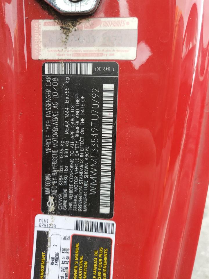 2009 Mini Cooper VIN: WMWMF33549TU70792 Lot: 60996495