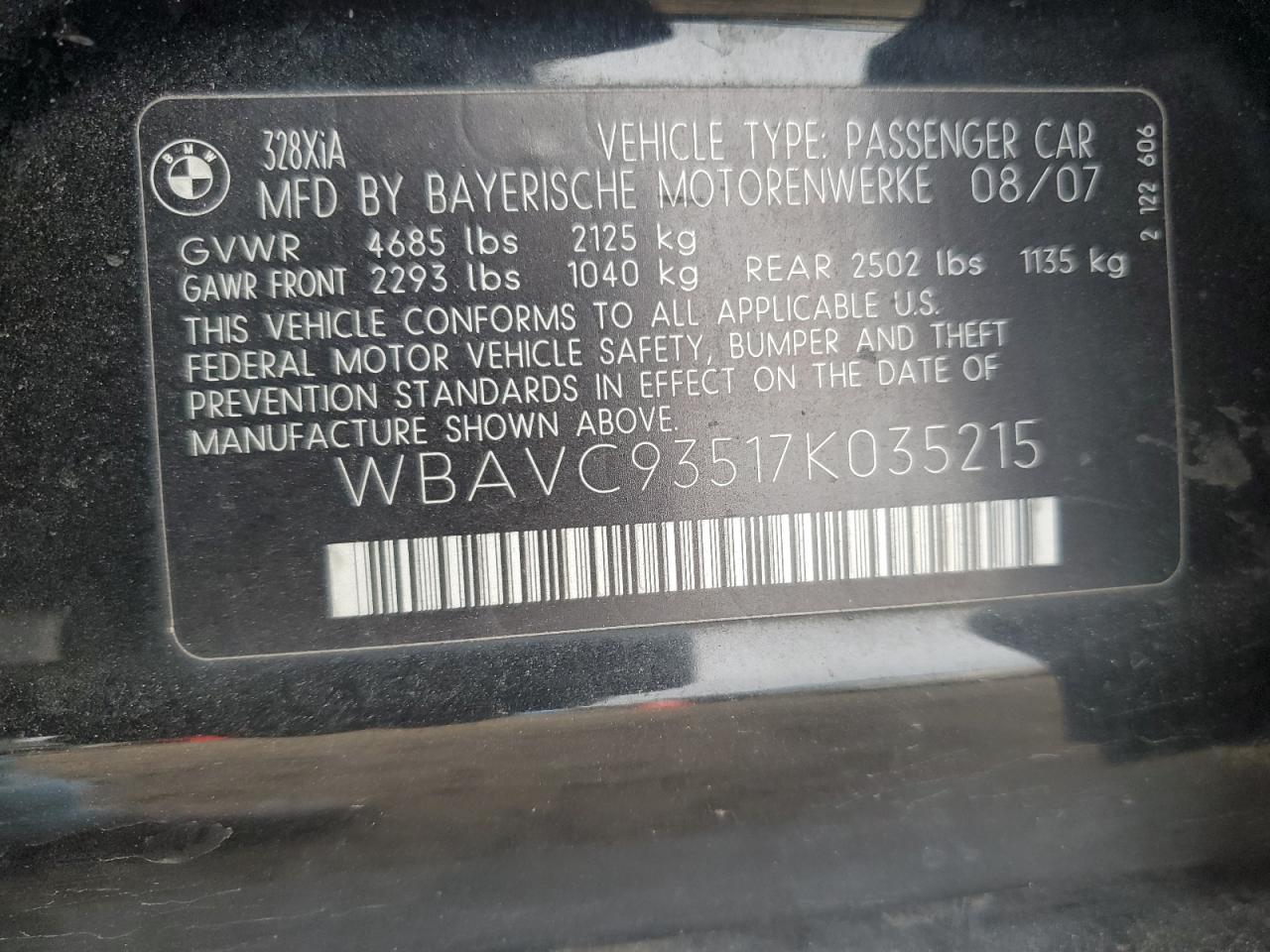 2007 BMW 328 Xi VIN: WBAVC93517K035215 Lot: 86645274