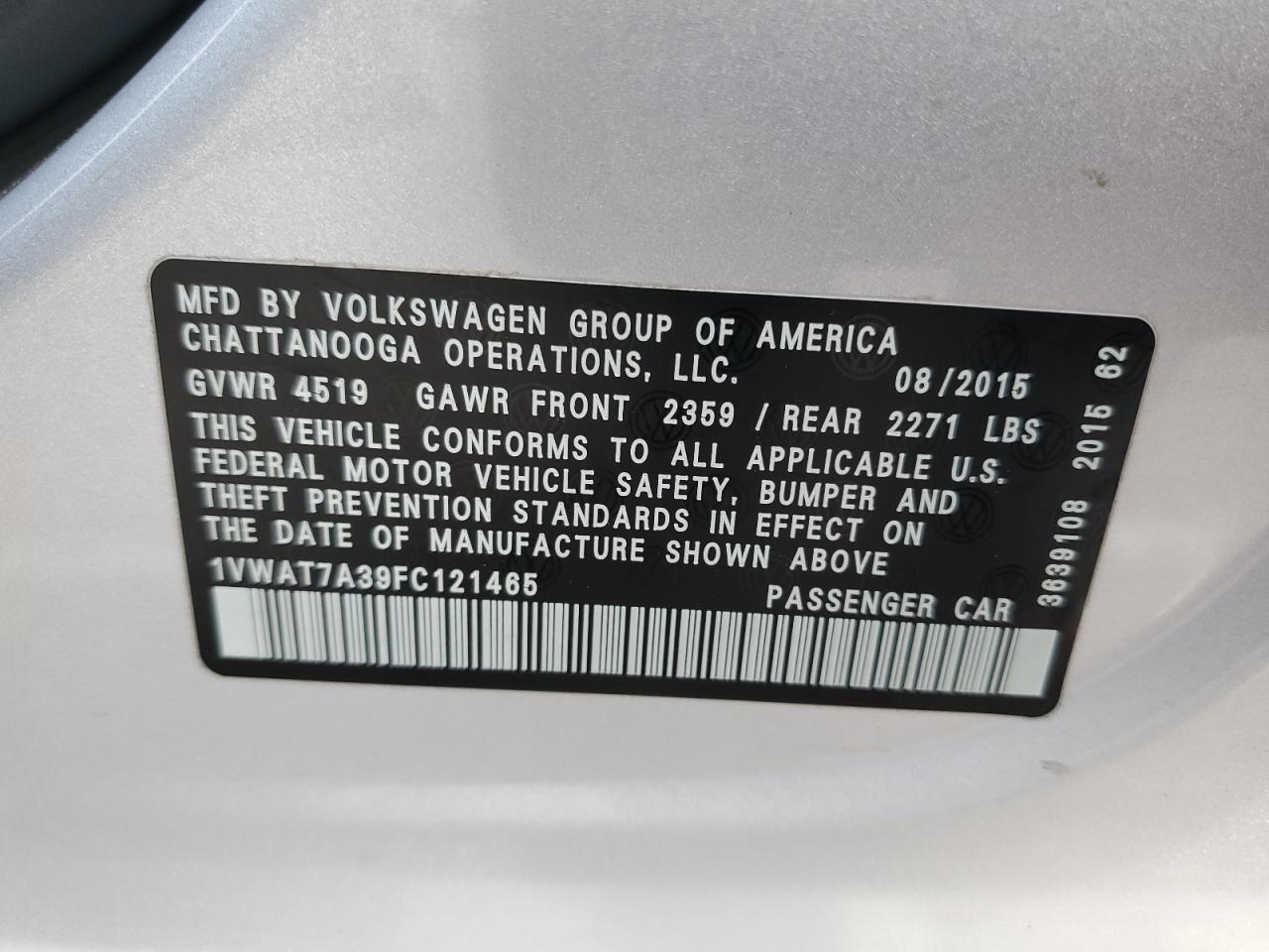 VIN 1VWAT7A39FC121465 2015 VOLKSWAGEN PASSAT no.12