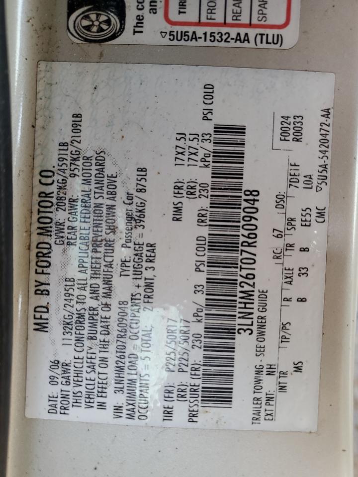 2007 Lincoln Mkz VIN: 3LNHM26T07R609048 Lot: 85661174