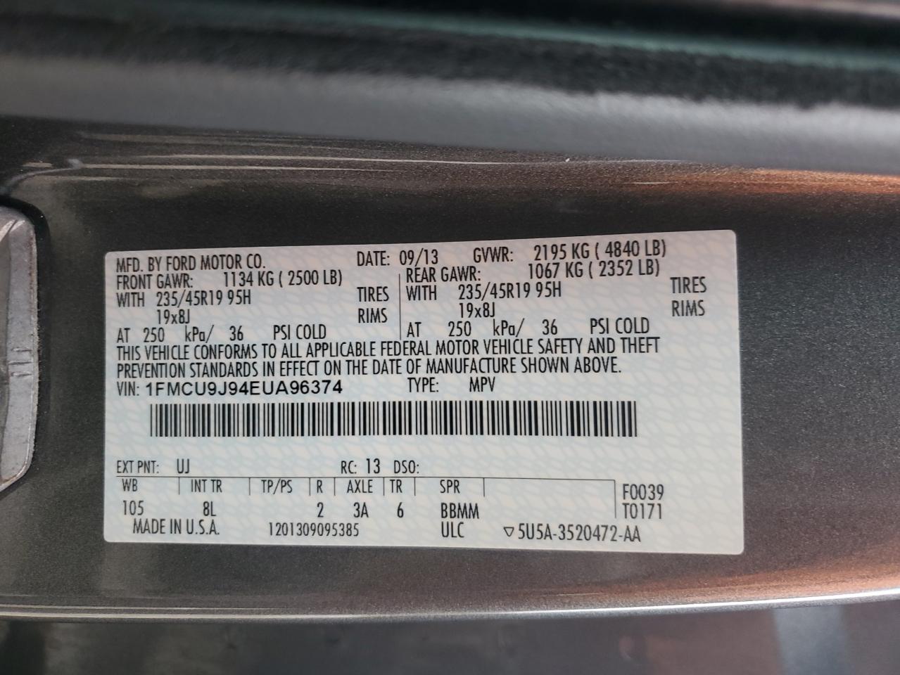 VIN 1FMCU9J94EUA96374 2014 FORD ESCAPE no.13