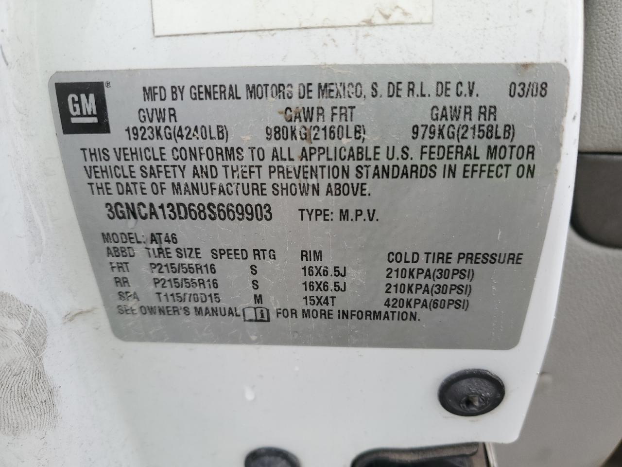 2008 Chevrolet Hhr Ls VIN: 3GNCA13D68S669903 Lot: 83539674