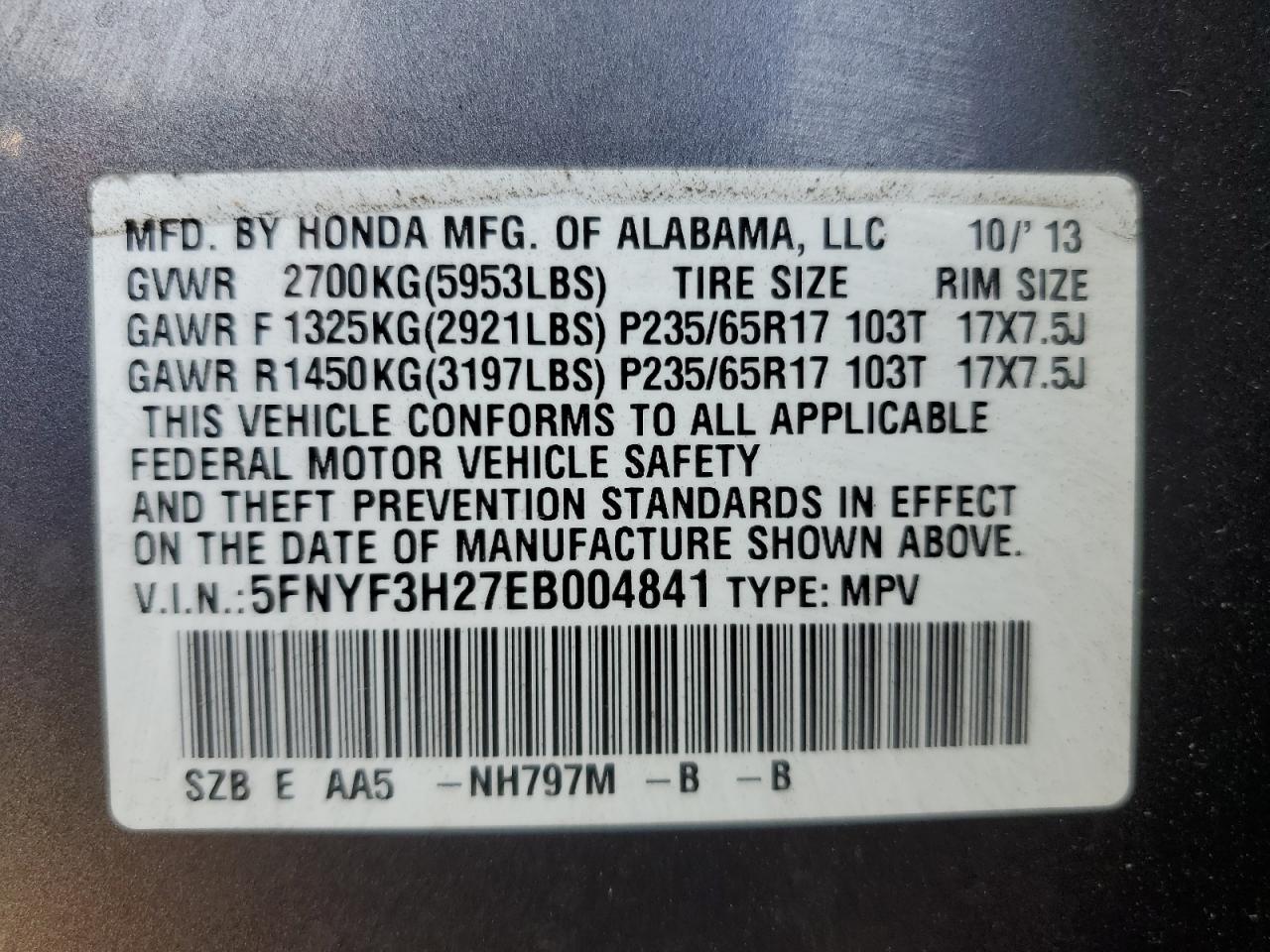 VIN 5FNYF3H27EB004841 2014 HONDA PILOT no.13