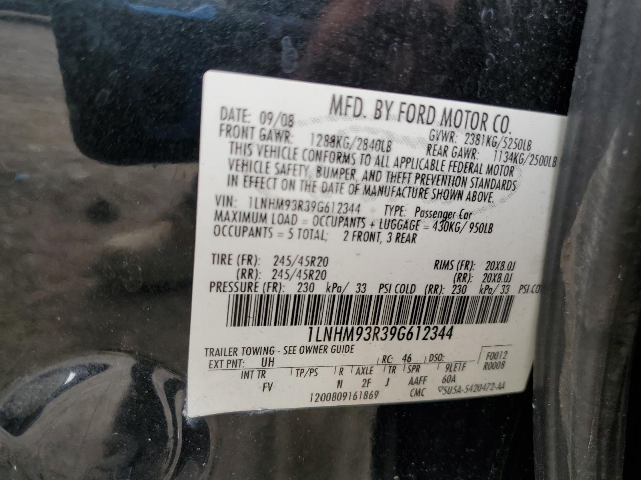 2009 Lincoln Mks VIN: 1LNHM93R39G612344 Lot: 85251714