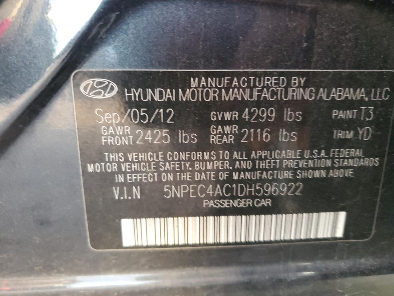 VIN 5NPEC4AC1DH596922 2013 HYUNDAI SONATA no.12