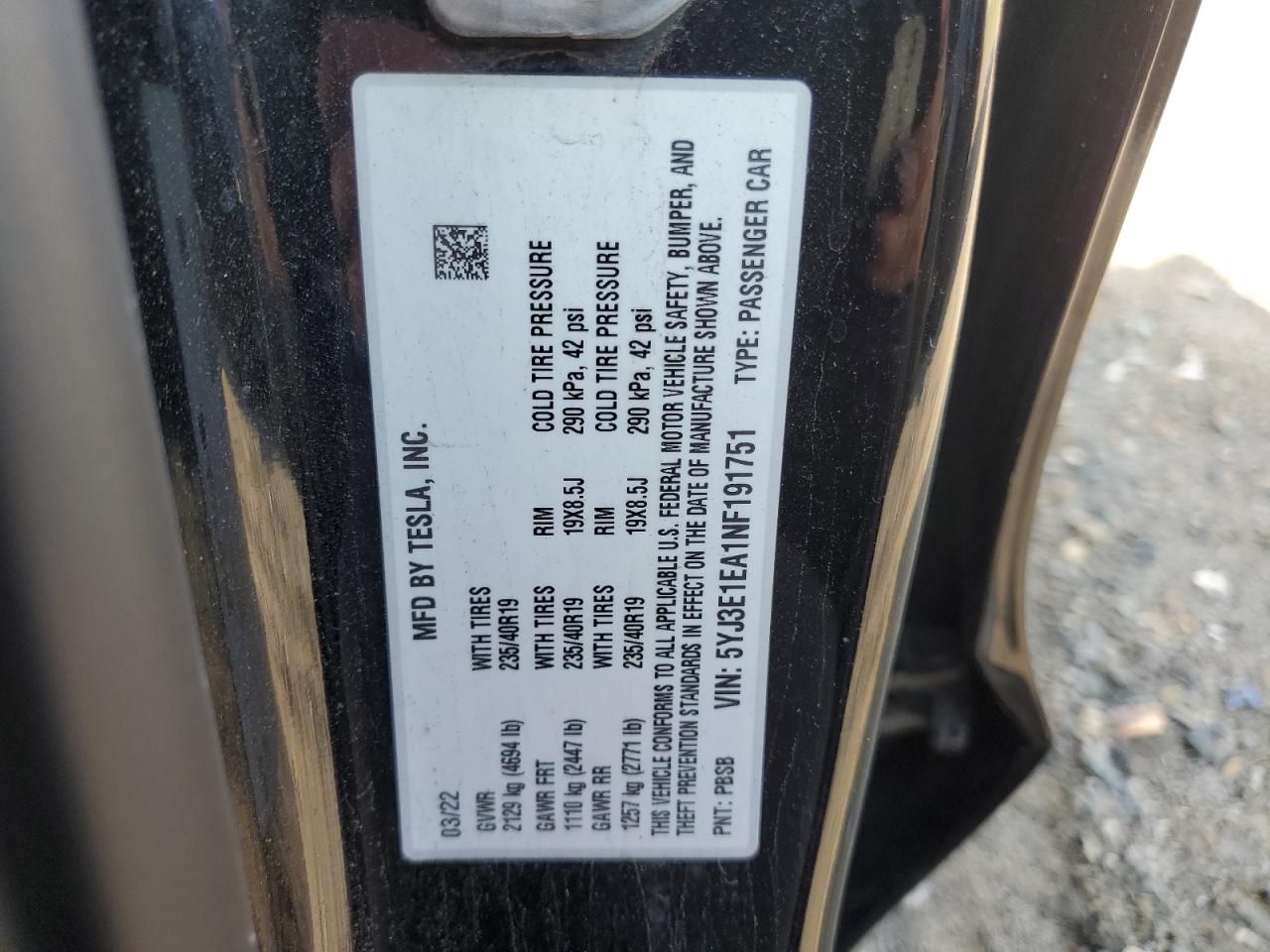 VIN 5YJ3E1EA1NF191751 2022 TESLA MODEL 3 no.12