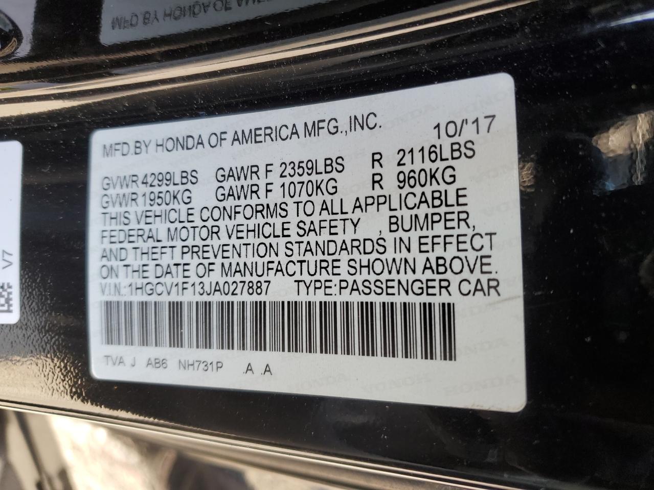 VIN 1HGCV1F13JA027887 2018 HONDA ACCORD no.12