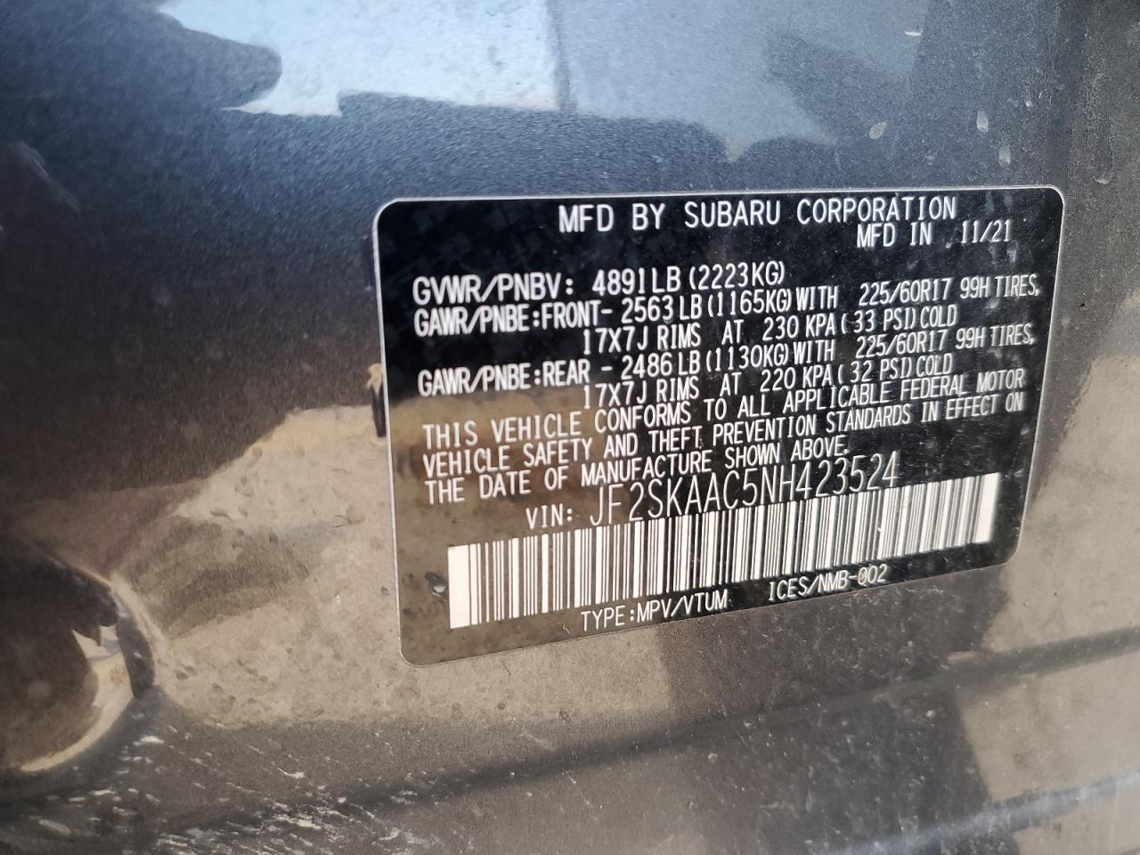 2022 Subaru Forester VIN: JF2SKAAC5NH423524 Lot: 85714594