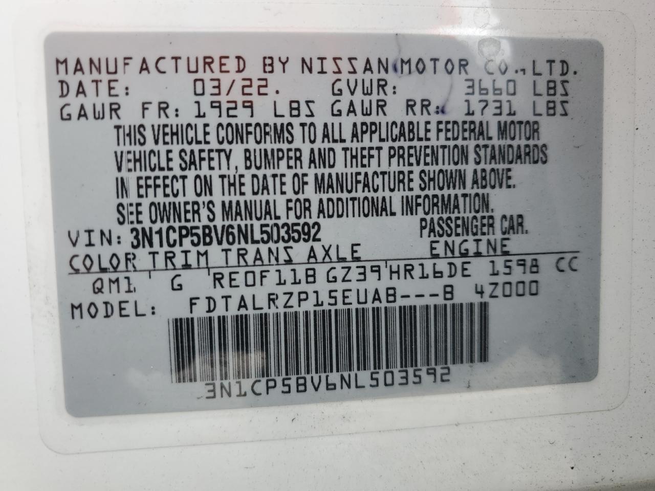 2022 Nissan Kicks S VIN: 3N1CP5BV6NL503592 Lot: 83055184