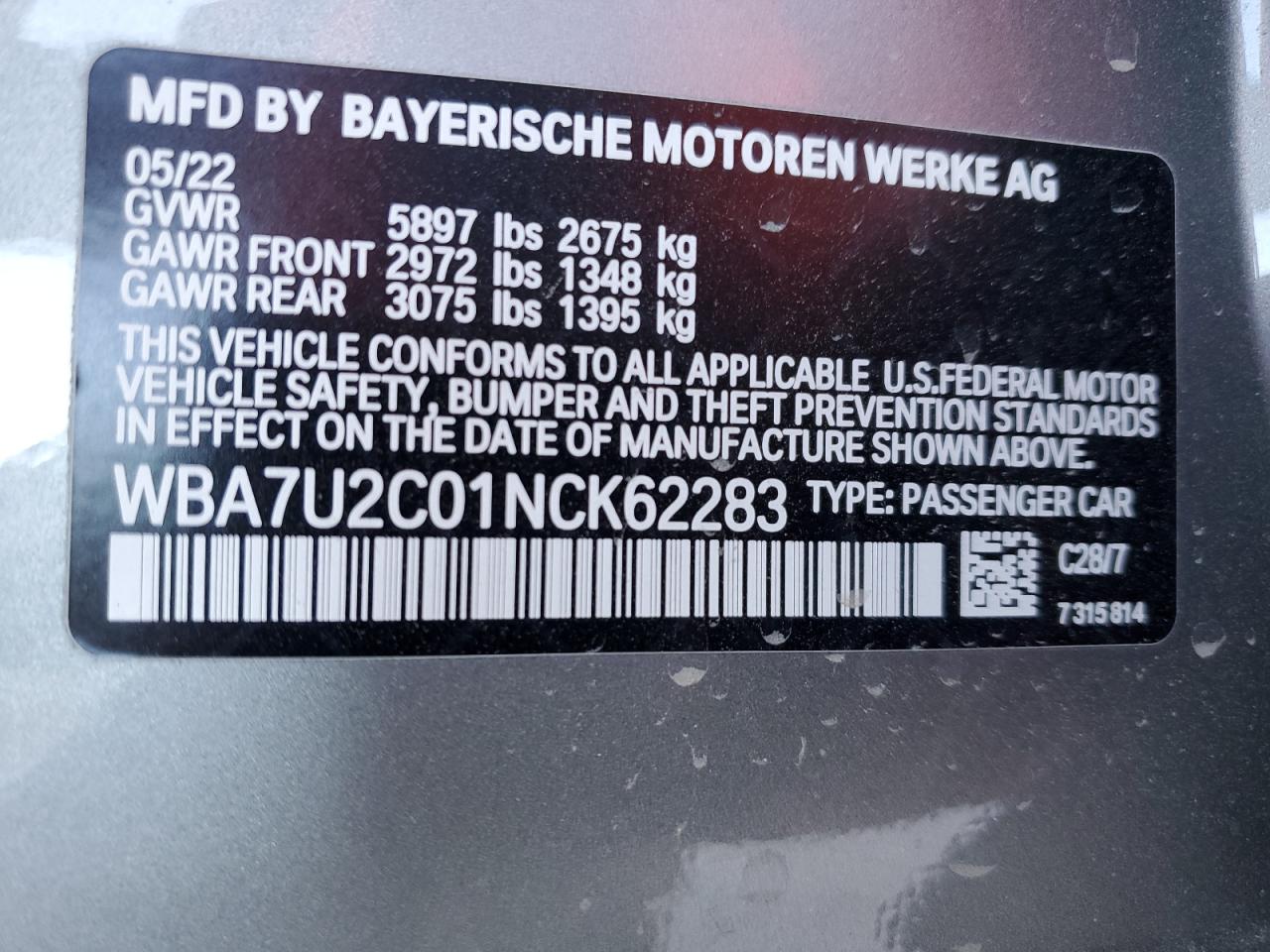 VIN WBA7U2C01NCK62283 2022 BMW 7 SERIES no.12