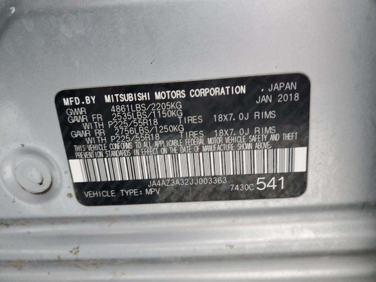 VIN JA4AZ3A32JJ003363 2018 MITSUBISHI OUTLANDER no.12