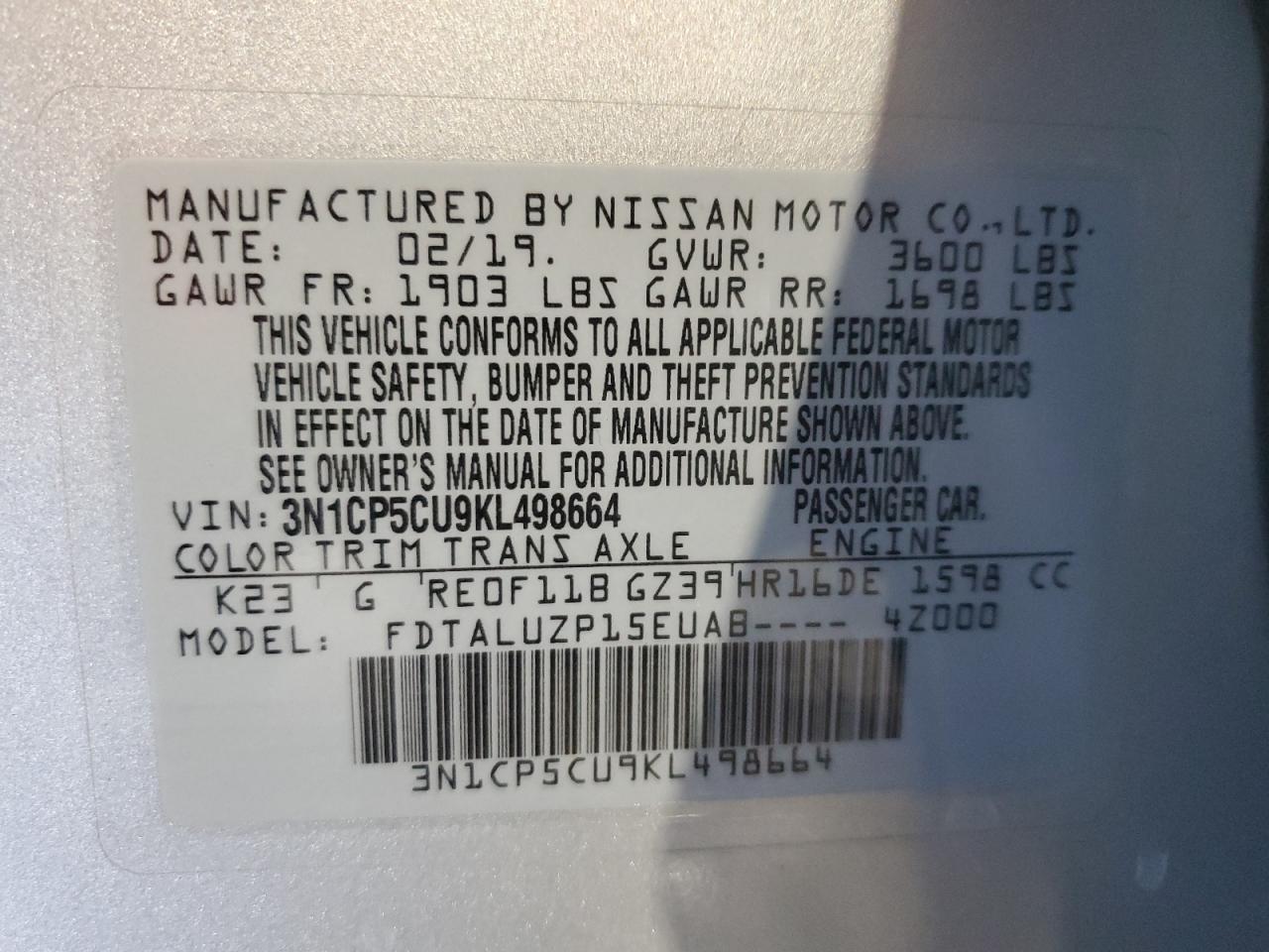 VIN 3N1CP5CU9KL498664 2019 NISSAN KICKS no.13