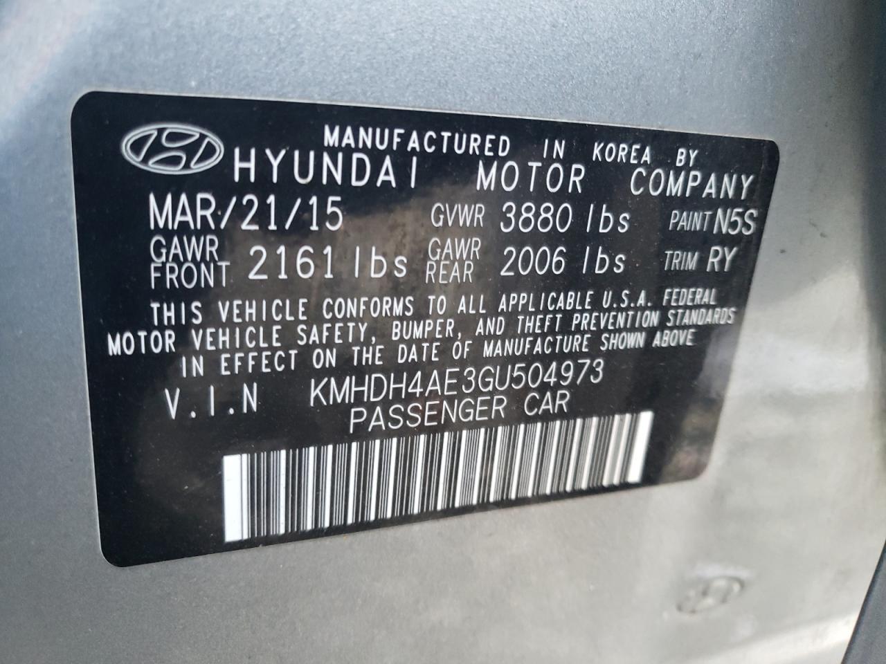 VIN KMHDH4AE3GU504973 2016 HYUNDAI ELANTRA no.12