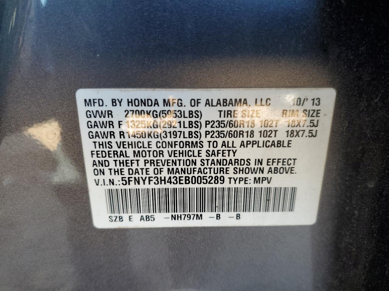 VIN 5FNYF3H43EB005289 2014 HONDA PILOT no.14