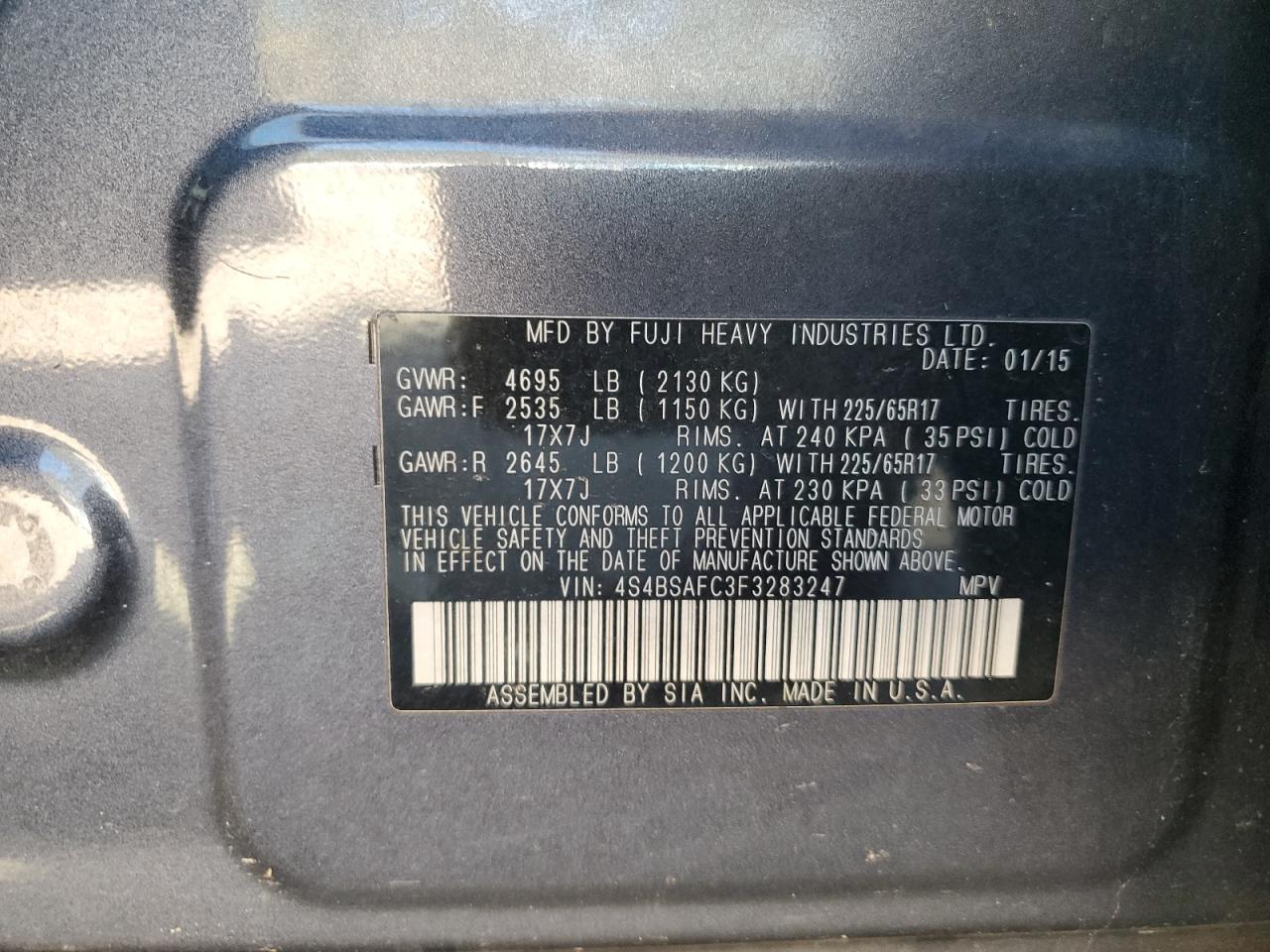 VIN 4S4BSAFC3F3283247 2015 SUBARU OUTBACK no.13