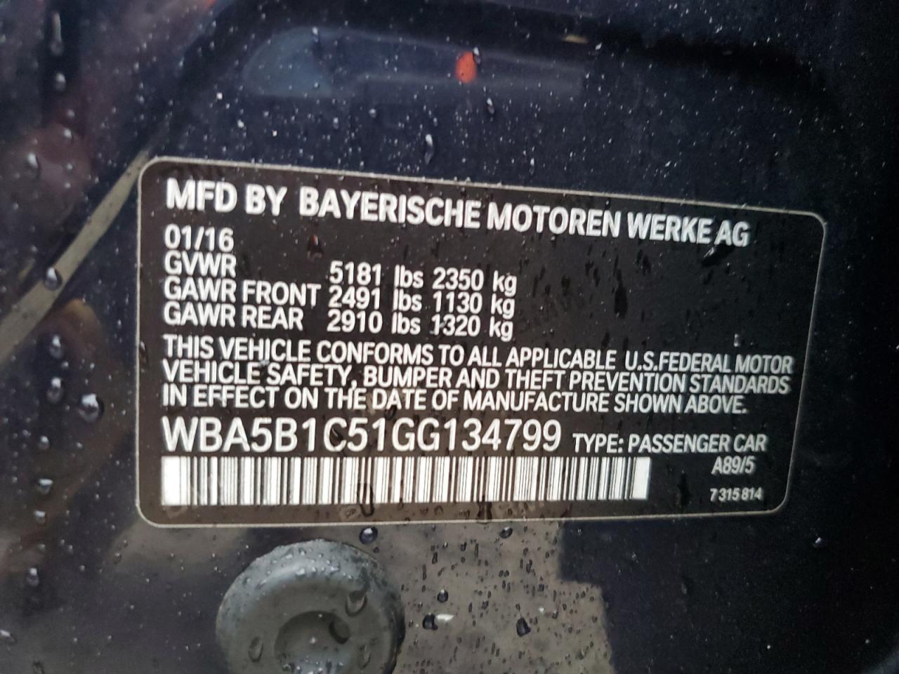 VIN WBA5B1C51GG134799 2016 BMW 5 SERIES no.12