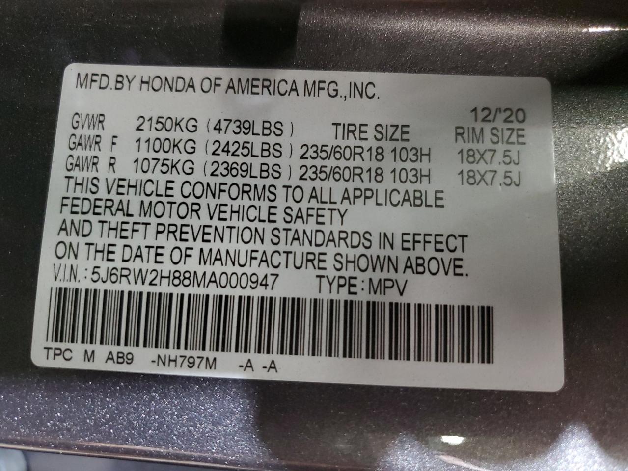 VIN 5J6RW2H88MA000947 2021 HONDA CRV no.13