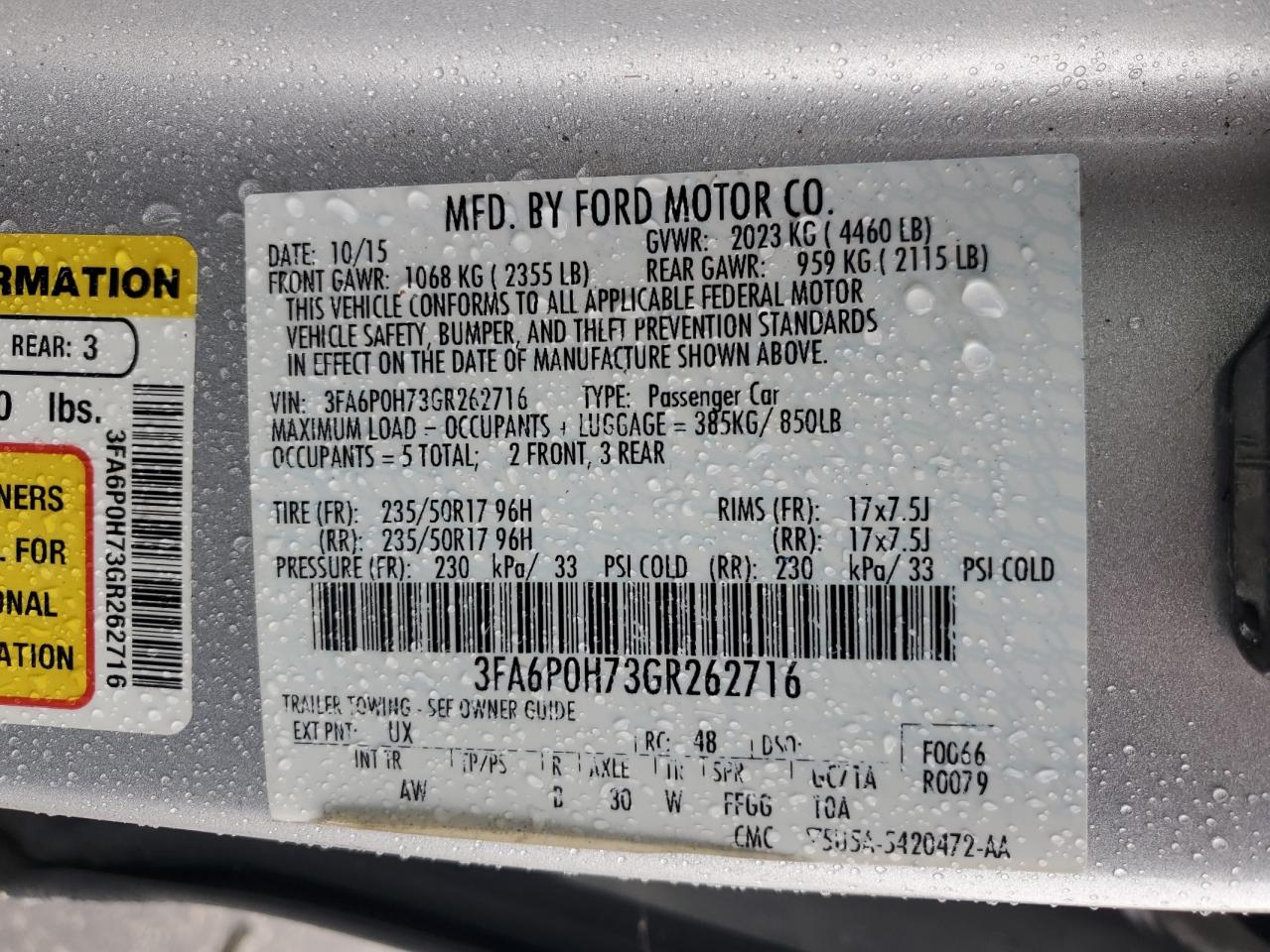 VIN 3FA6P0H73GR262716 2016 FORD FUSION no.12