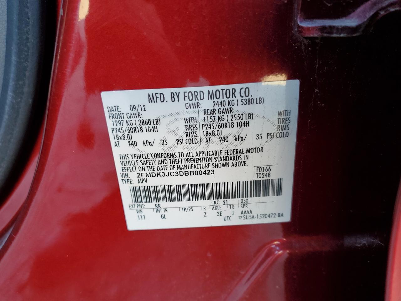 VIN 2FMDK3JC3DBB00423 2013 FORD EDGE no.13