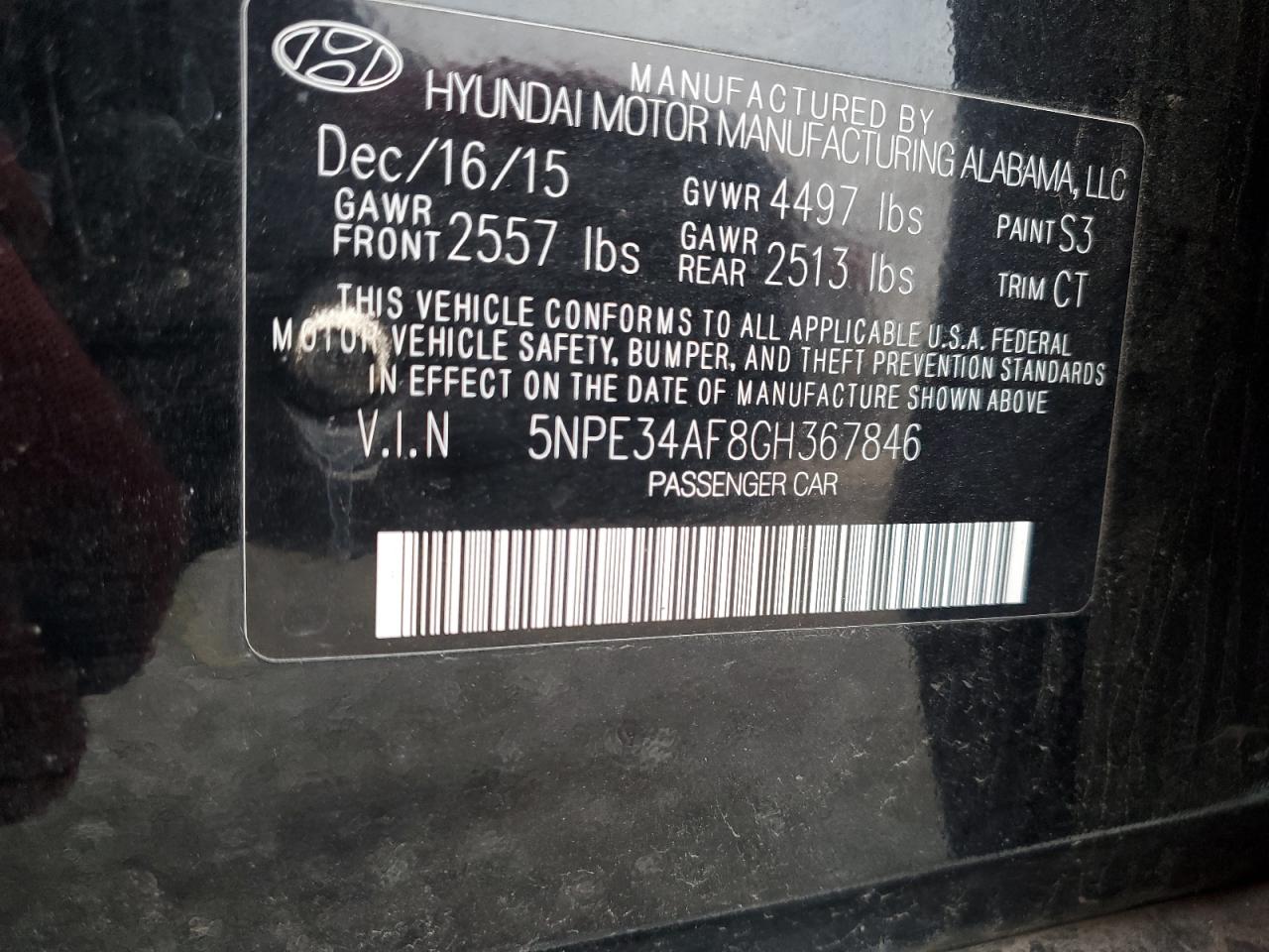 VIN 5NPE34AF8GH367846 2016 HYUNDAI SONATA no.12