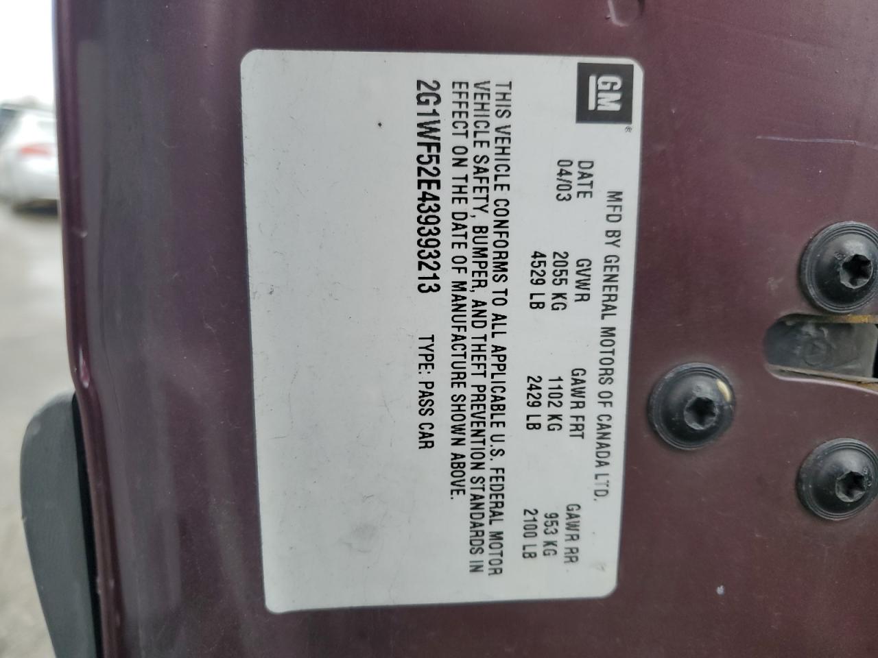 2003 Chevrolet Impala VIN: 2G1WF52E439393213 Lot: 86723814